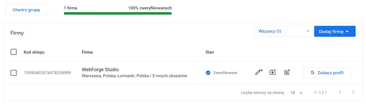 Menedżer Profilu Firmy - lista firm z wizytówką WebForge Studio w stanie „Zweryfikowane”