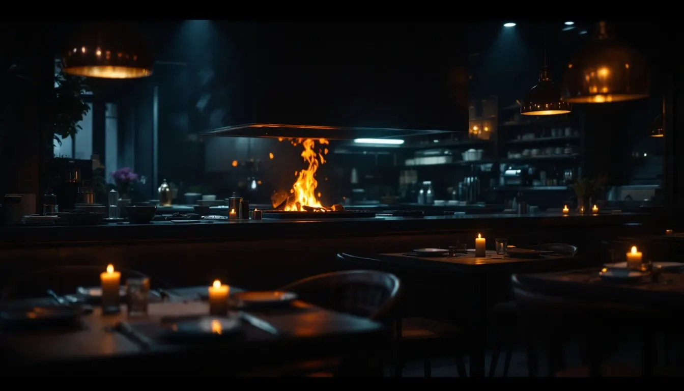 Sala restauracji wieczorem, w tle otwarta kuchnia z ogniem