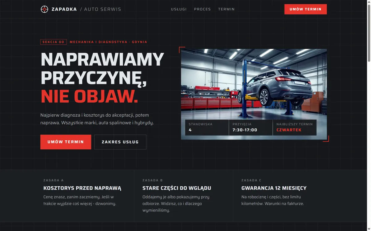 Strona Auto Serwis Zapadka na komputerze - projekt przykładowy · Auto Serwis Zapadka