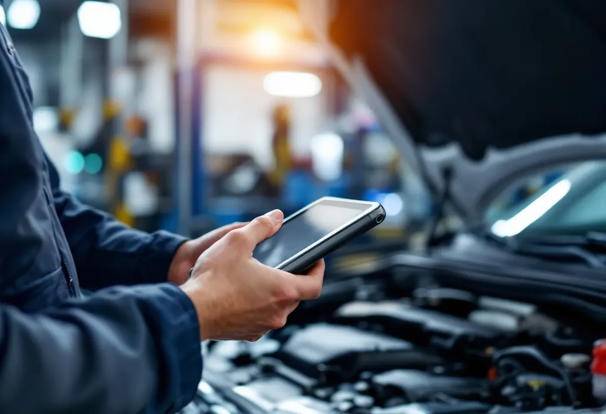 Mechanik z tabletem diagnostycznym przy otwartej masce